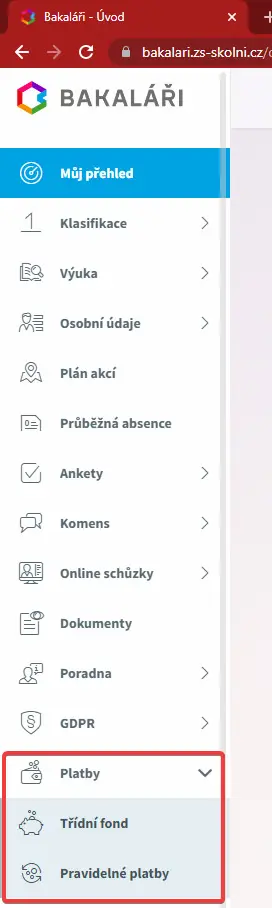 Bakaláři - menu